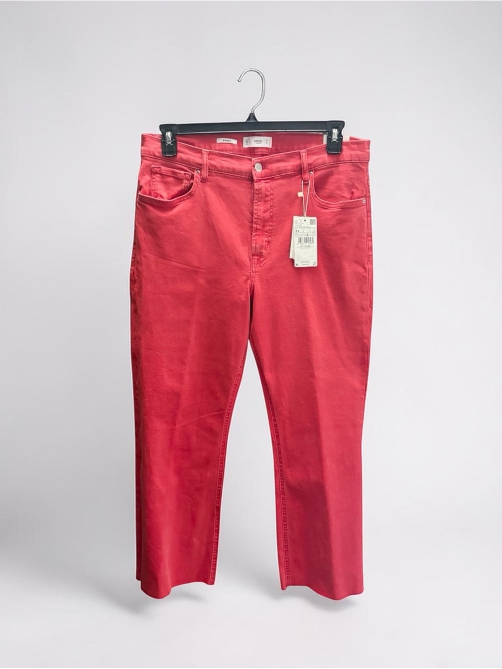 Mango MNG High Rise Sienna Flare Jeans Womens 14 Red Raw Hems 34x27 NWT